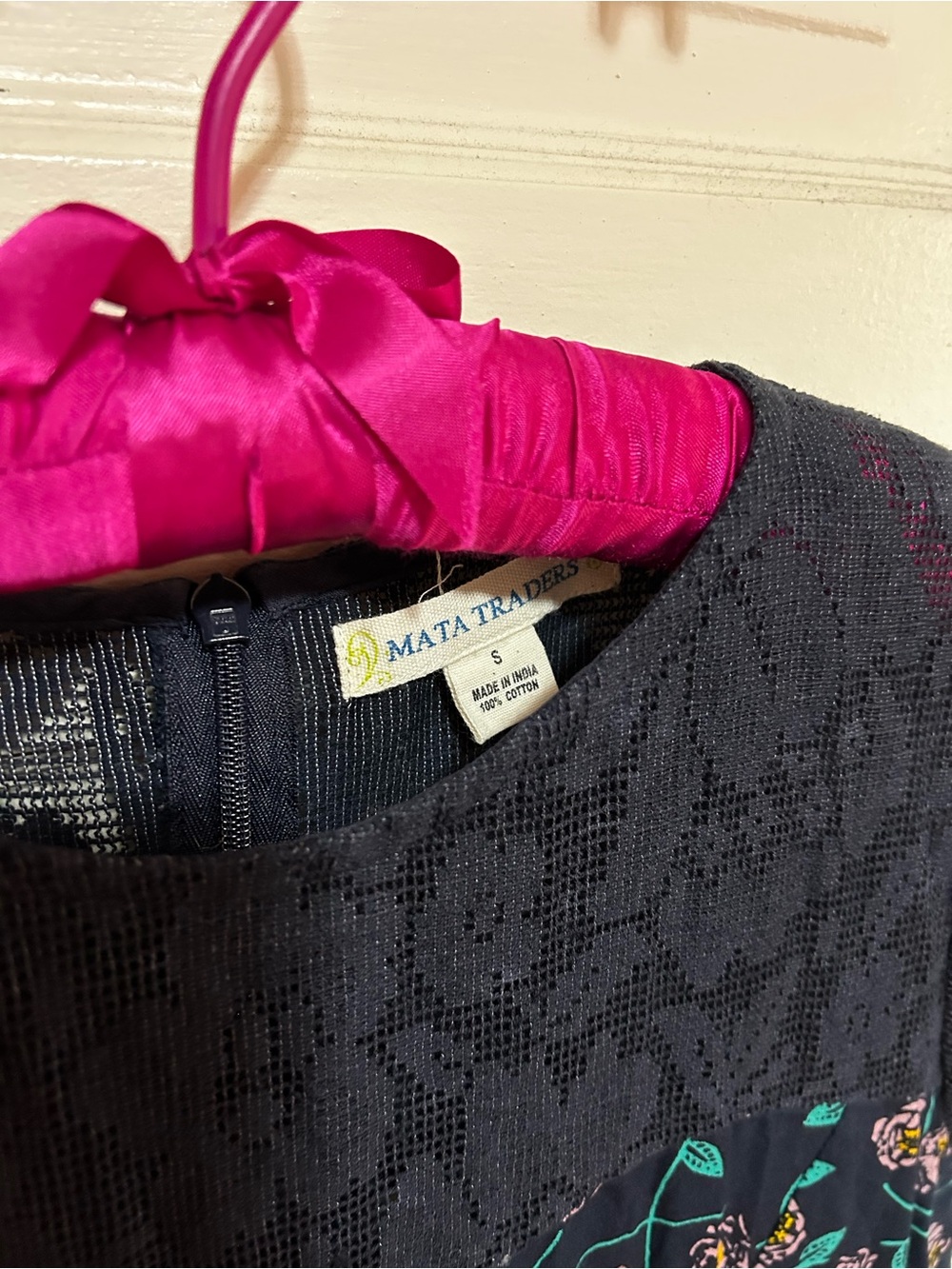 Mata Traders Navy Dress with Pink and Teal Floral Accents & Lace Panel, Small